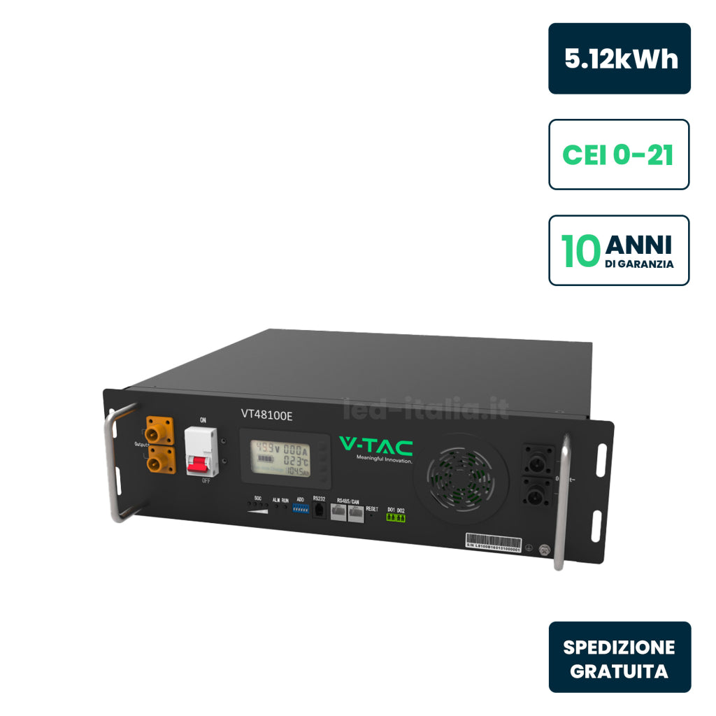 V-TAC Batteria di Accumulo 5.12kWh al Litio-Ferro-Fosfato LiFePO4 BMS Integrato Modulo da Rack per Inverter Fotovoltaici CEI 0-21 51.2V 100Ah Garanzia 10 Anni V-TAC Batteria di Accumulo 5.12kWh al Litio-Ferro-Fosfato LiFePO4 BMS Integrato Modulo da Rack per Inverter Fotovoltaici CEI 0-21 51.2V 100Ah Garanzia 10 Anni